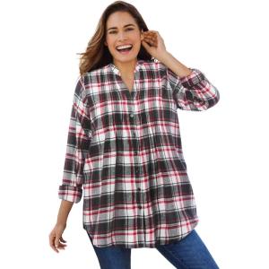 Woman Within Plus Size Pintucked Flannel Shirt(Black Red Plaid)