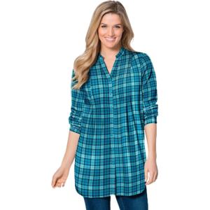 Woman Within Plus Size Pintucked Flannel Shirt(Deep Teal Plaid)