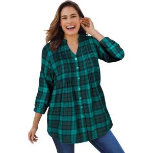 Woman Within Plus Size Pintucked Flannel Shirt(Rich Jade Plaid)