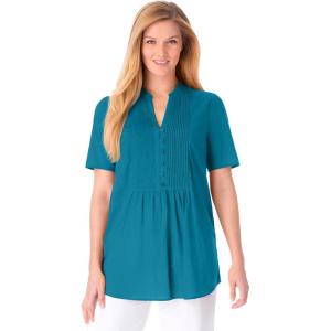 Woman Within Plus Size Pintucked Half-Button Tunic(Deep Teal)