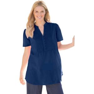 Woman Within Plus Size Pintucked Half-Button Tunic(Evening Blue)