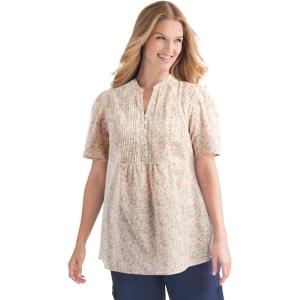 Woman Within Plus Size Pintucked Half-Button Tunic(Natural Khaki Blooming Ditsy)