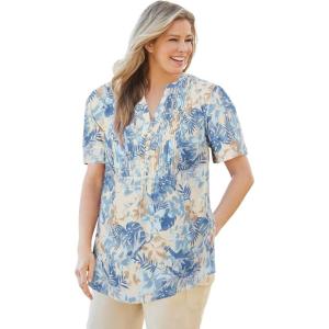 Woman Within Plus Size Pintucked Half-Button Tunic(Natural Khaki Tropical)