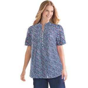 Woman Within Plus Size Pintucked Half-Button Tunic(Navy Blooming Ditsy)