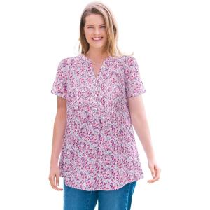 Woman Within Plus Size Pintucked Half-Button Tunic(Sunset Pink Blooming Ditsy)