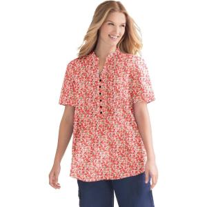 Woman Within Plus Size Pintucked Half-Button Tunic(Sweet Coral Blooming Ditsy)