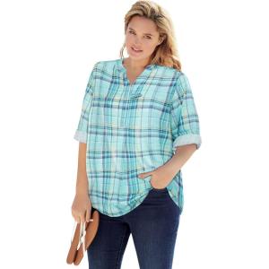 Woman Within Plus Size Rayon Three-Quarter Sleeve Effortless Tab-Front Blouse(Azure Plaid)