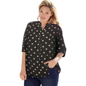 Woman Within Plus Size Rayon Three-Quarter Sleeve Effortless Tab-Front Blouse(Black Dot)