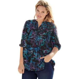 Woman Within Plus Size Rayon Three-Quarter Sleeve Effortless Tab-Front Blouse(Black Multi Batik)