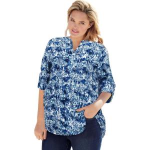 Woman Within Plus Size Rayon Three-Quarter Sleeve Effortless Tab-Front Blouse(Navy Texture Tie Dye)