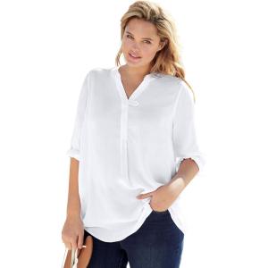 Woman Within Plus Size Rayon Three-Quarter Sleeve Effortless Tab-Front Blouse(White)