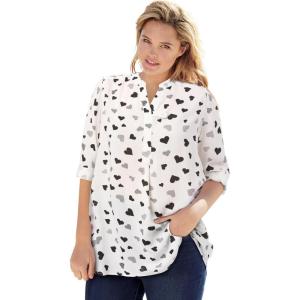 Woman Within Plus Size Rayon Three-Quarter Sleeve Effortless Tab-Front Blouse(White Heart Stencil)