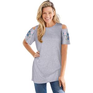 Woman Within Plus Size Short-Sleeve Cold-Shoulder Tee(Heather Grey Ditsy Embroidery)