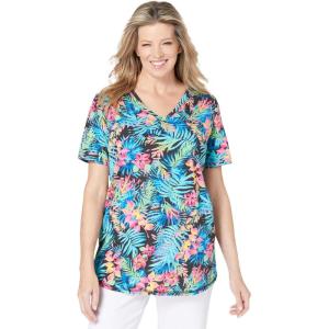Woman Within Plus Size Short-Sleeve V-Neck Shirred Tee(Black Multi Tropicana)