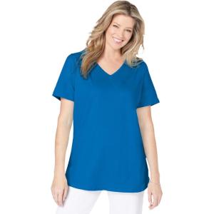 Woman Within Plus Size Short-Sleeve V-Neck Shirred Tee(Bright Cobalt)