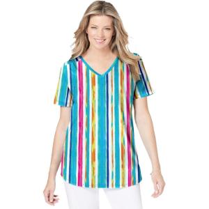 Woman Within Plus Size Short-Sleeve V-Neck Shirred Tee(White Multi Watercolor Stripe)