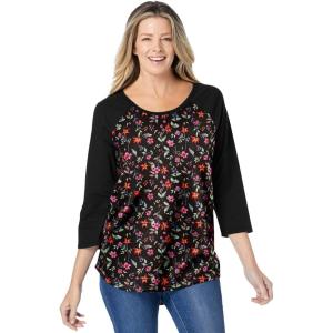 Woman Within Plus Size Three-Quarter Sleeve Baseball Tee(Black Graphic Floral)