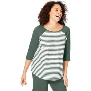 Woman Within Plus Size Three-Quarter Sleeve Baseball Tee(Pine Stripe)