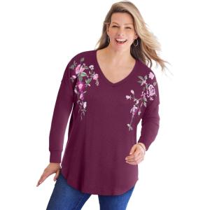 Woman Within Plus Size Waffle Thermal V-Neck Tee(Deep Claret Flower Embroidery)