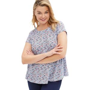 ellos Plus Size Cotton Jersey Slub Cap Sleeve Trapeze Tee(Blue Red Ditsy)