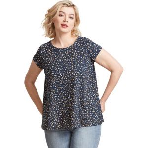 ellos Plus Size Cotton Jersey Slub Cap Sleeve Trapeze Tee(Navy White Ditsy)