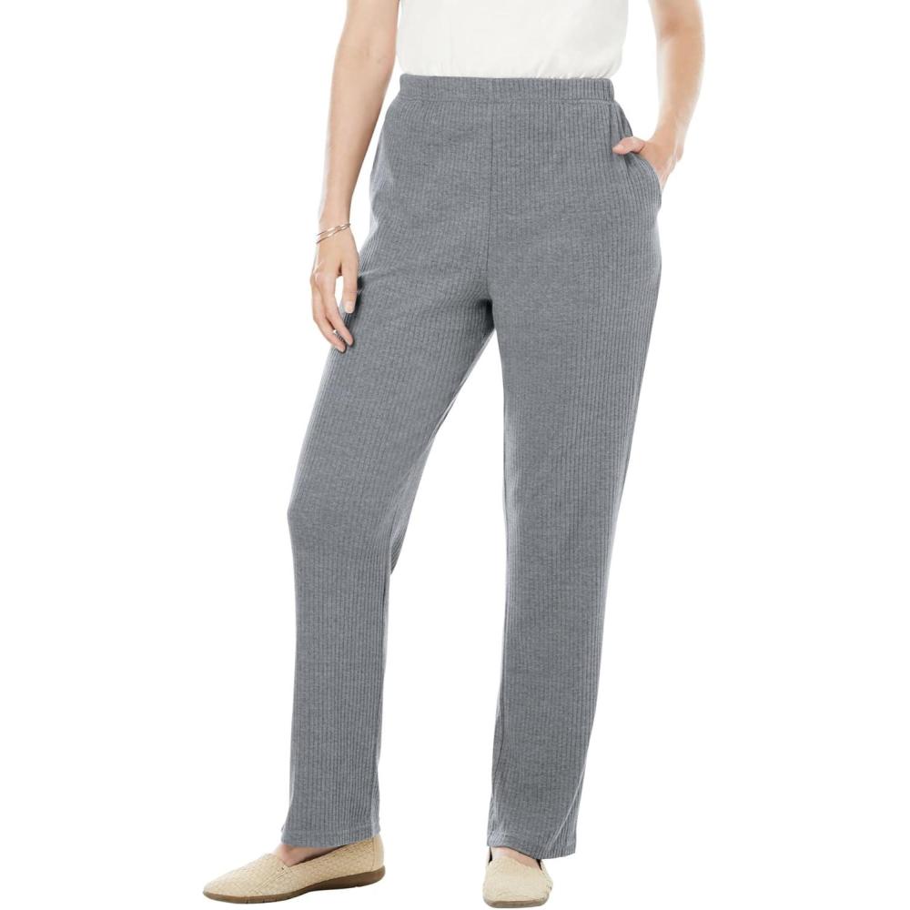 image:imageWoman Within Plus Size 7Day Knit Ribbed StraightLeg PullOn PantsMedium Heather Grey