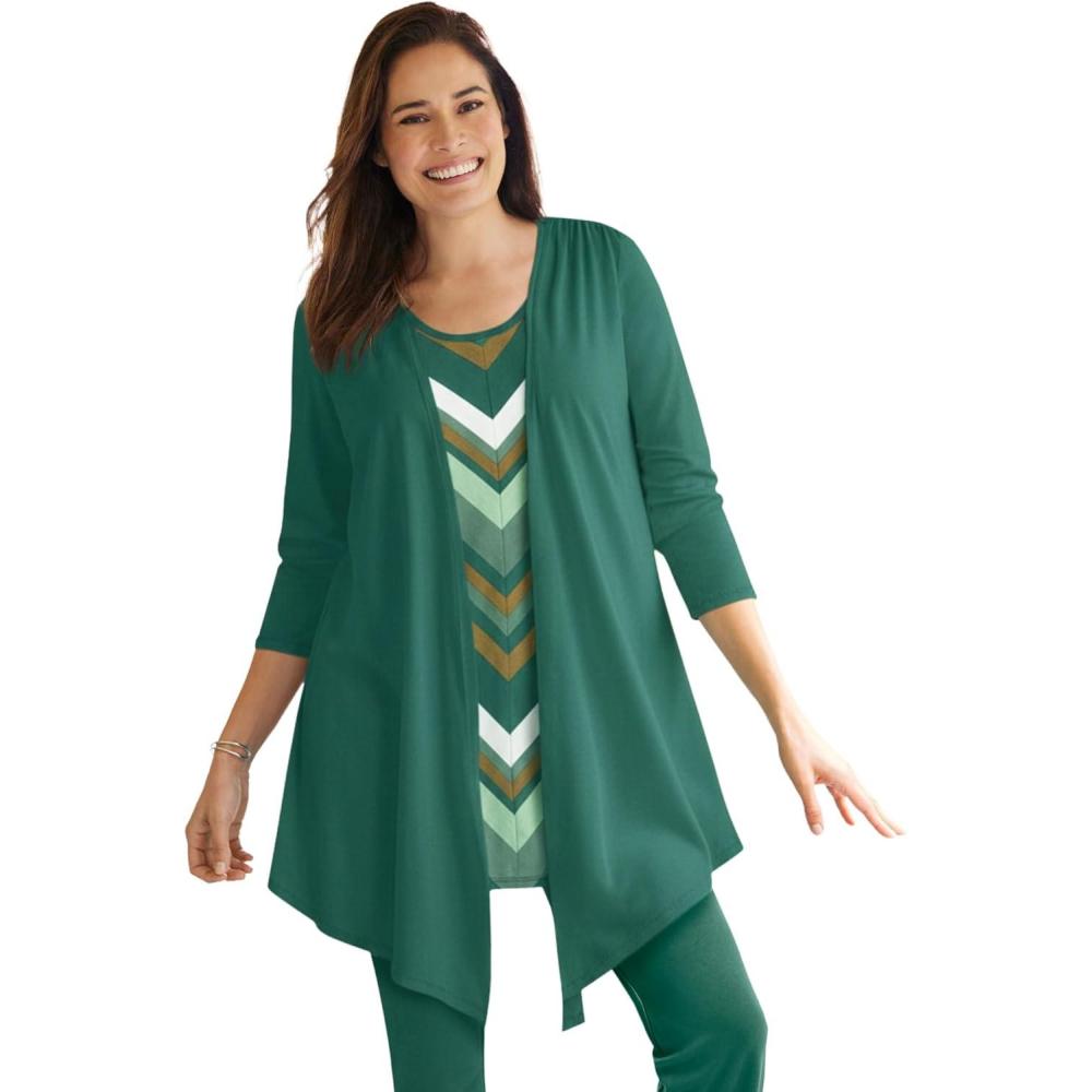 image:imageWoman Within Plus Size 7Day Layered 2In1 TunicGreen Multi Bias Stripe
