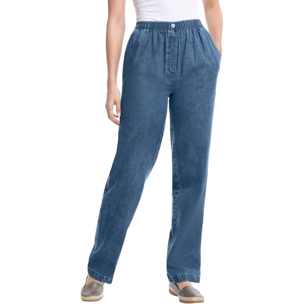 image:imageWoman Within Plus Size 7Day StraightLeg ElasticWaist Denim Jean Petite amp Tall AvailableMedium Stonewash