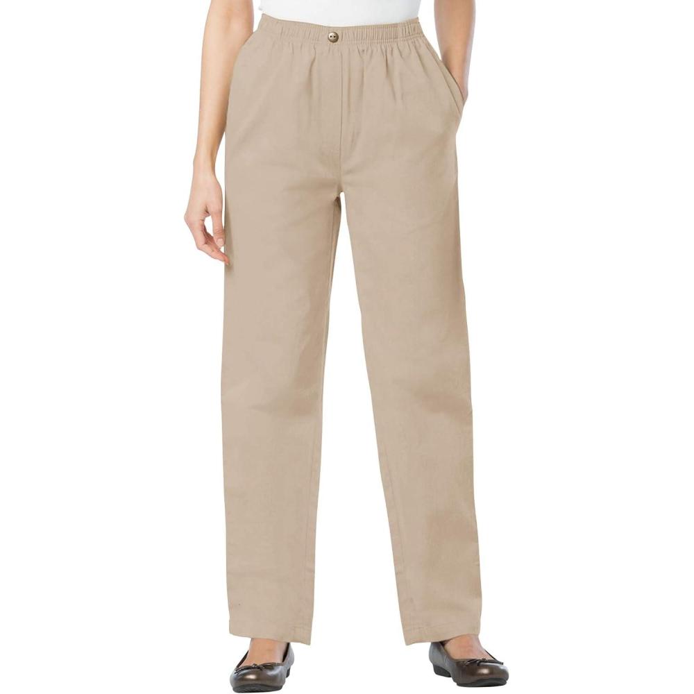 image:imageWoman Within Plus Size 7Day StraightLeg ElasticWaist Denim Jean Petite amp Tall AvailableNatural Khaki