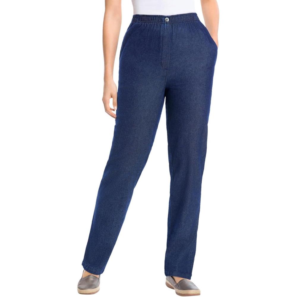 image:imageWoman Within Plus Size 7Day StraightLeg ElasticWaist Denim Jean Petite amp Tall AvailableStonewash Sanded
