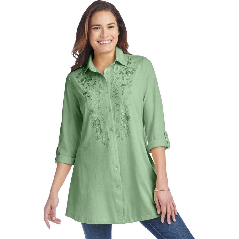 image:imageWoman Within Plus Size ButtonFront Embroidered TunicSage Embroidery