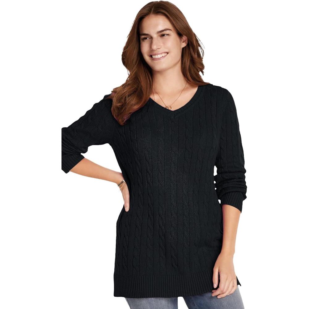 image:imageWoman Within Plus Size Cable Knit VNeck Pullover SweaterBlack