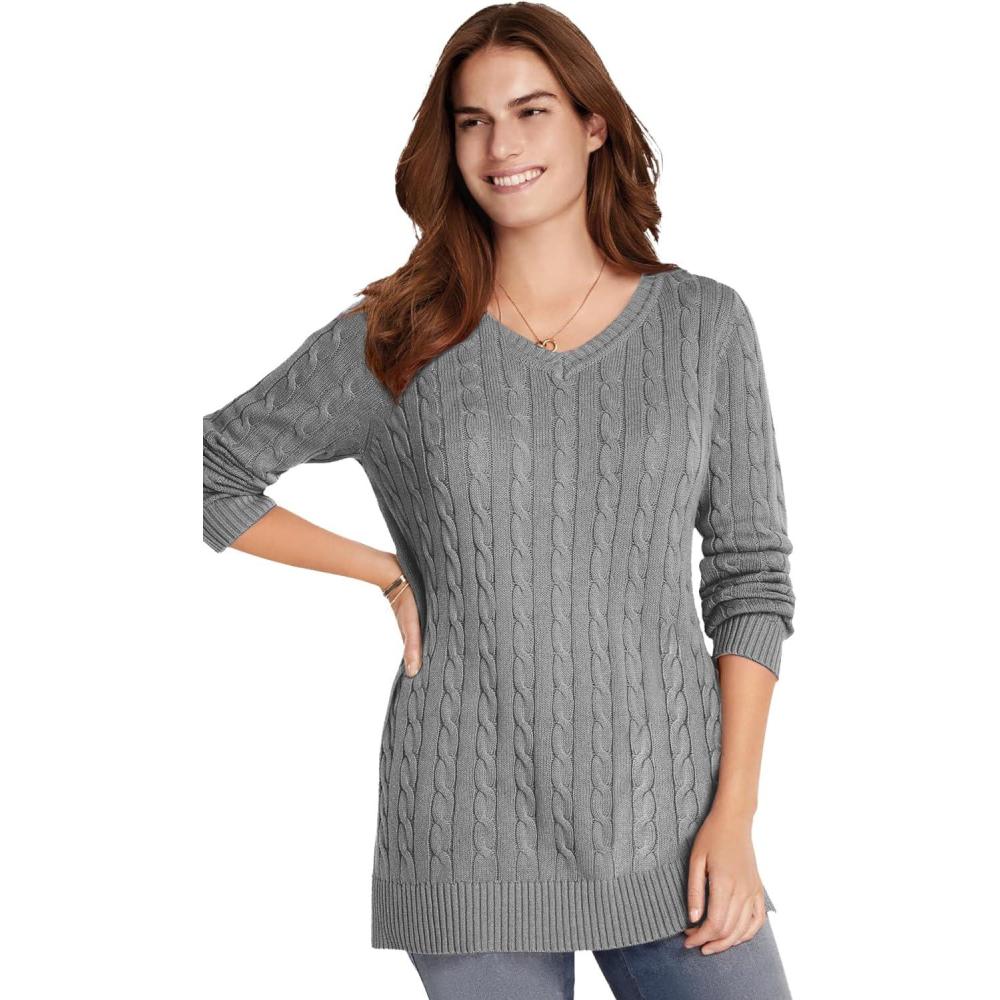 image:imageWoman Within Plus Size Cable Knit VNeck Pullover SweaterMedium Heather Grey