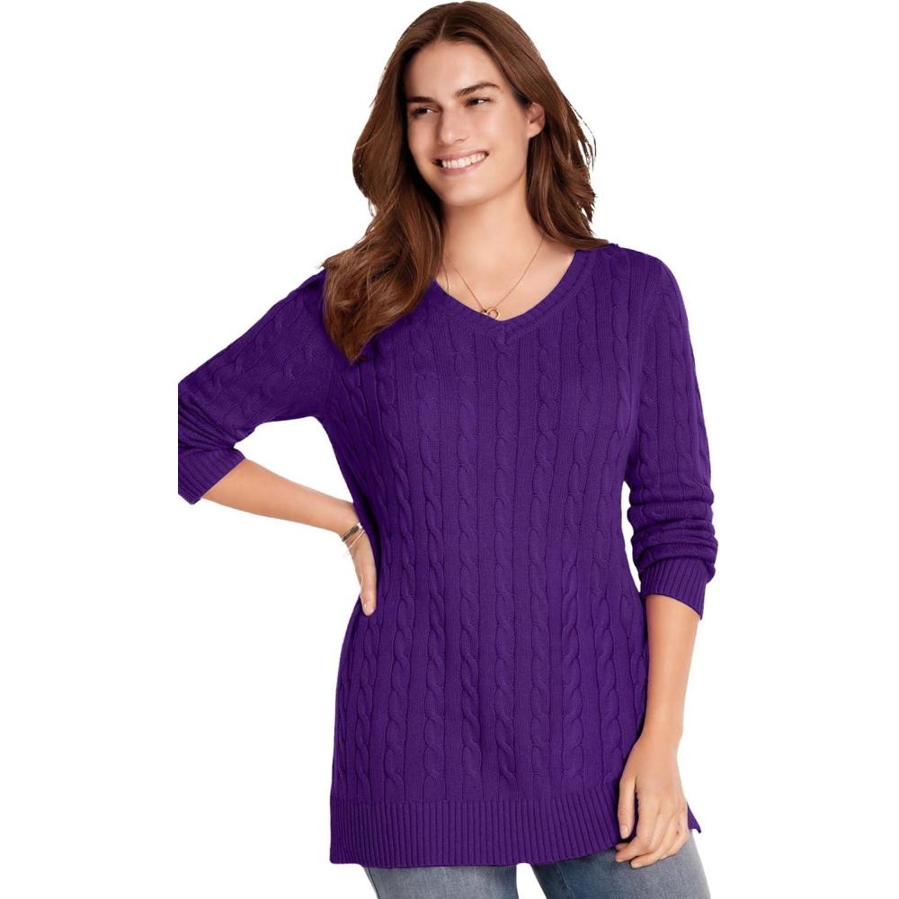 image:imageWoman Within Plus Size Cable Knit VNeck Pullover SweaterRadiant Purple