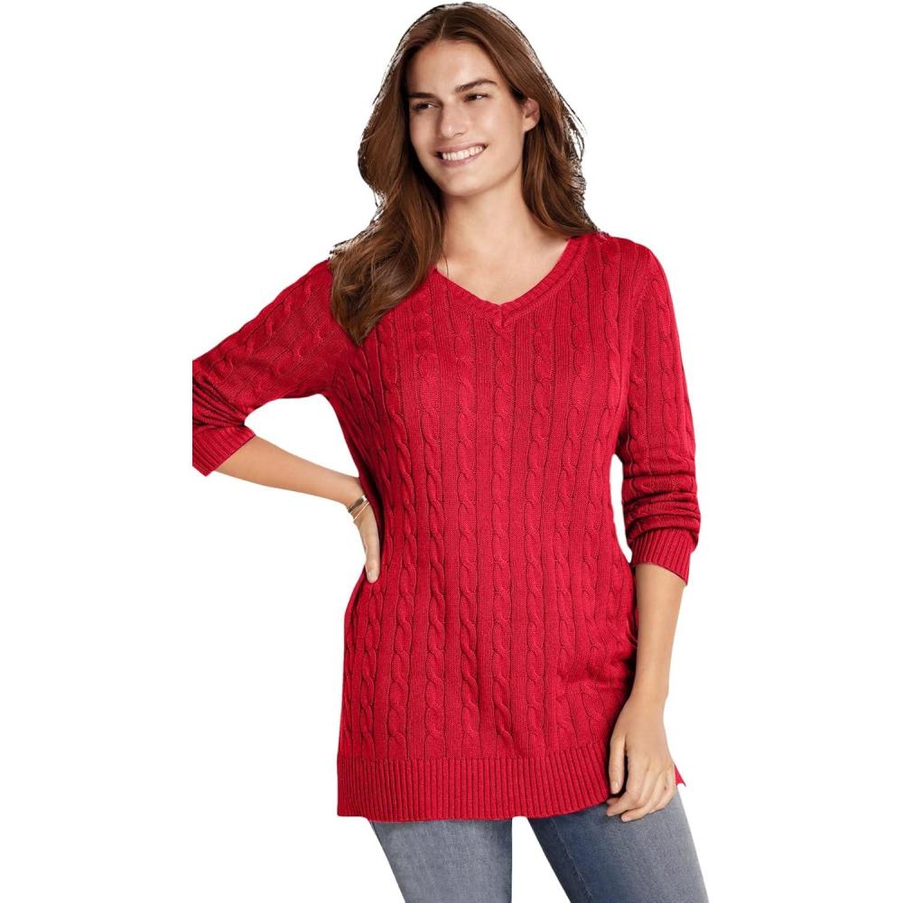 image:imageWoman Within Plus Size Cable Knit VNeck Pullover SweaterVivid Red
