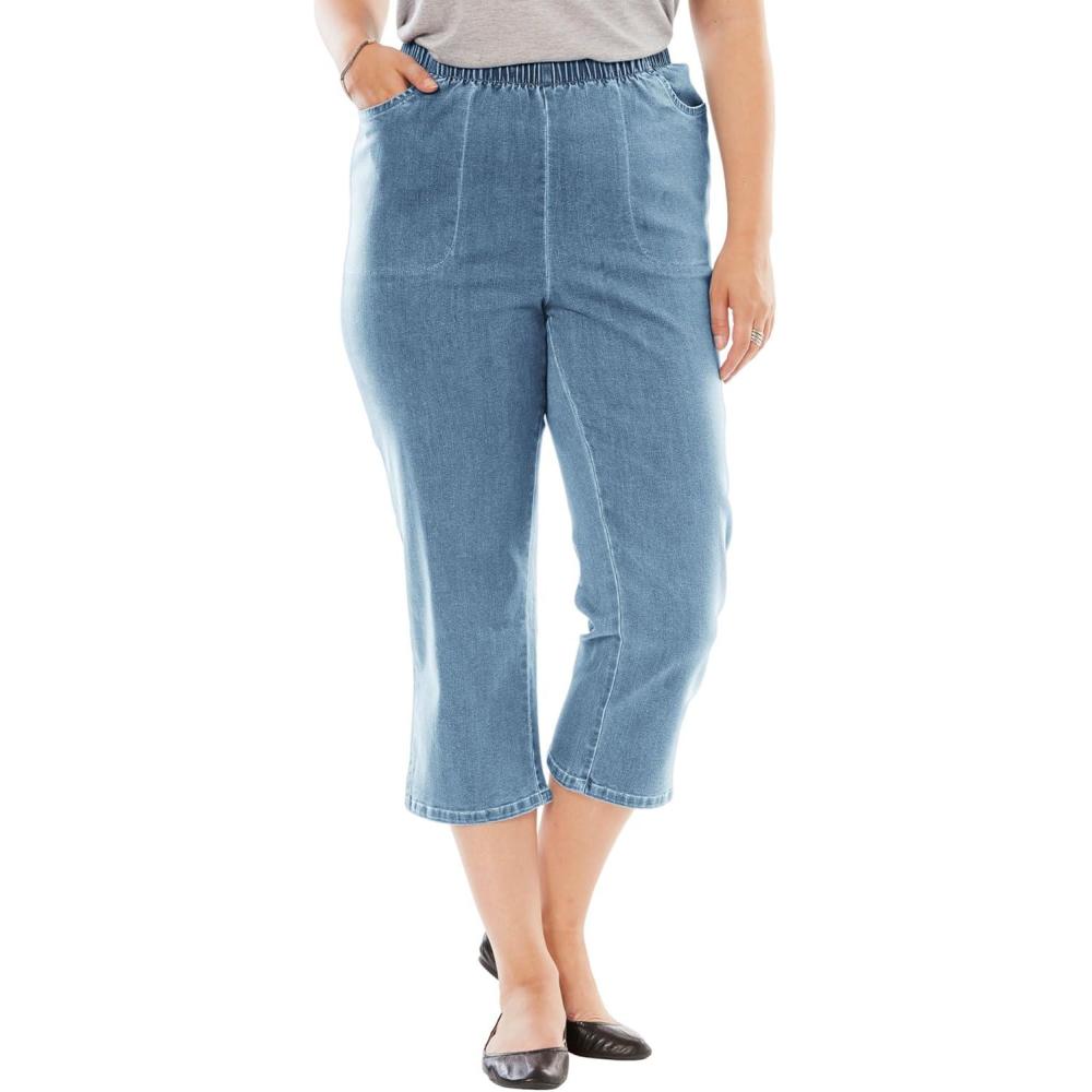 image:imageWoman Within Plus Size Capri Elastic Waist Stretch Fineline Denim Jean Petite AvailableLight Stonewash
