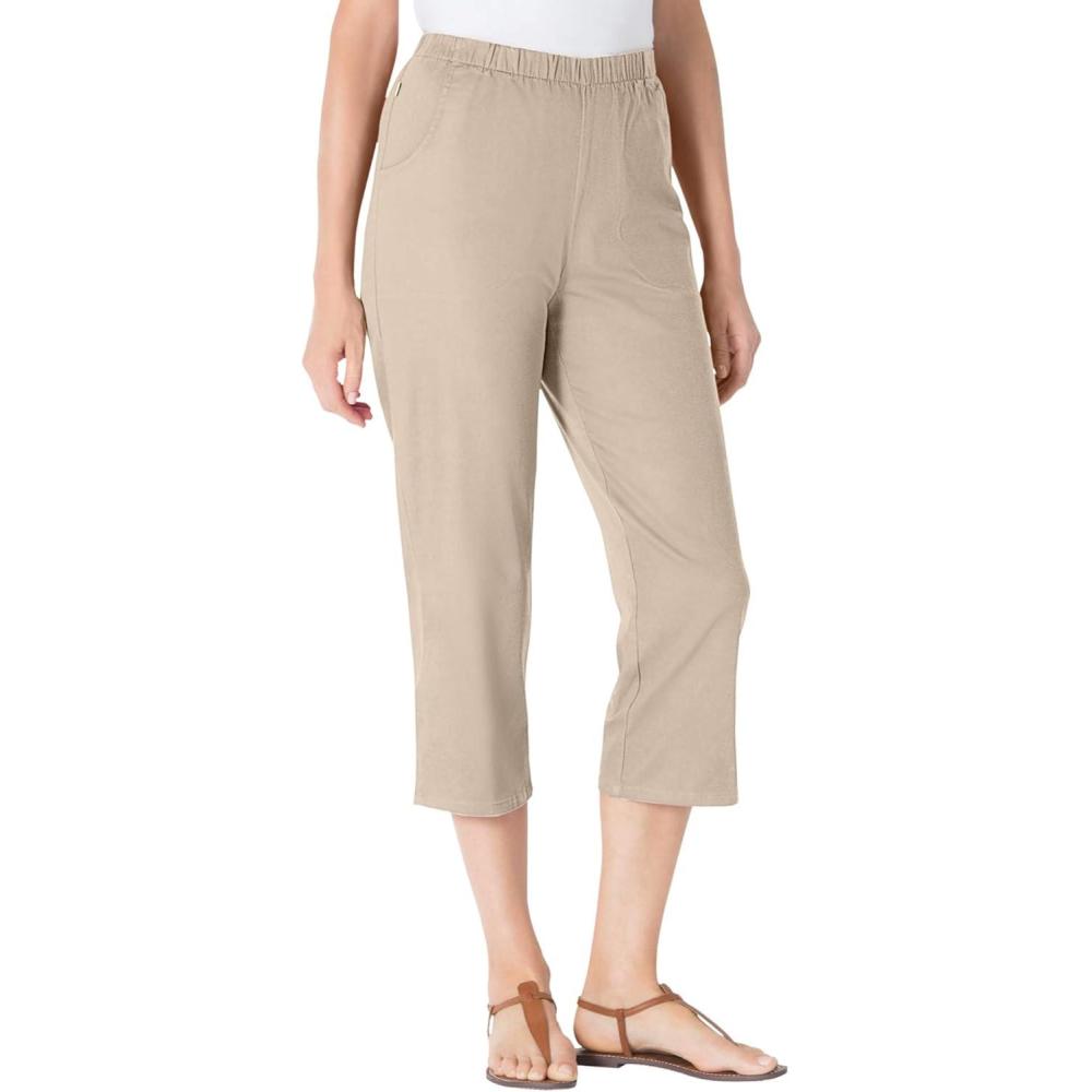 image:imageWoman Within Plus Size Capri Elastic Waist Stretch Fineline Denim Jean Petite AvailableNatural Khaki