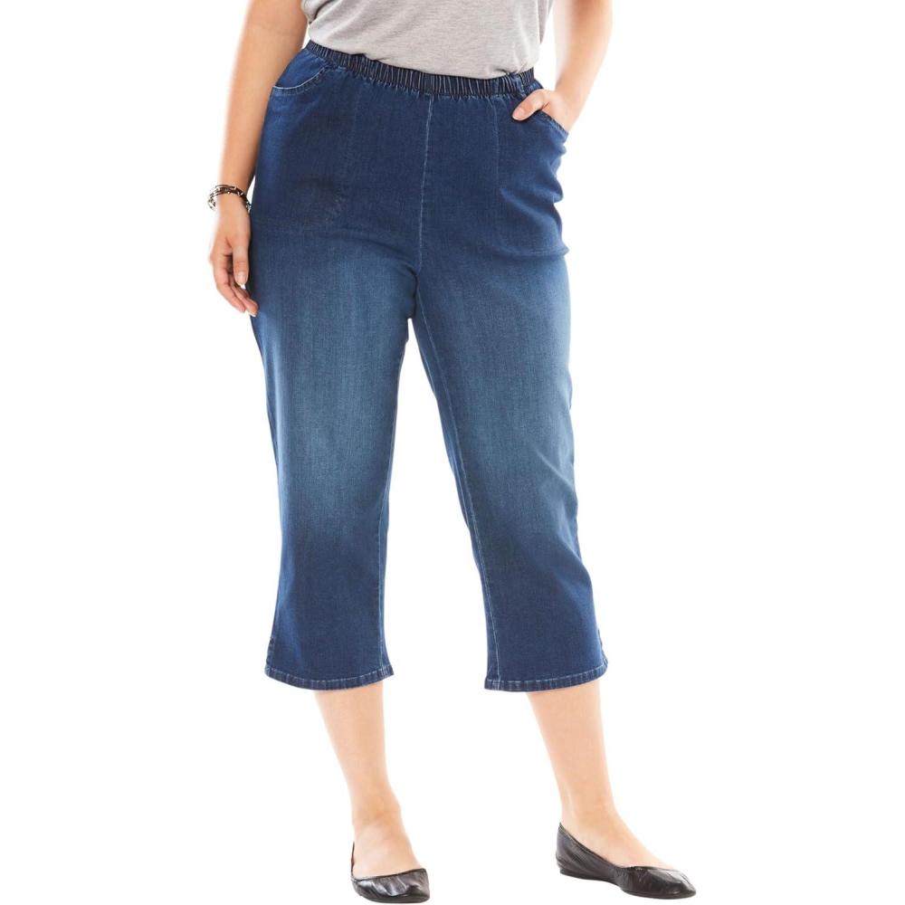 image:imageWoman Within Plus Size Capri Elastic Waist Stretch Fineline Denim Jean Petite AvailableStonewash Sanded