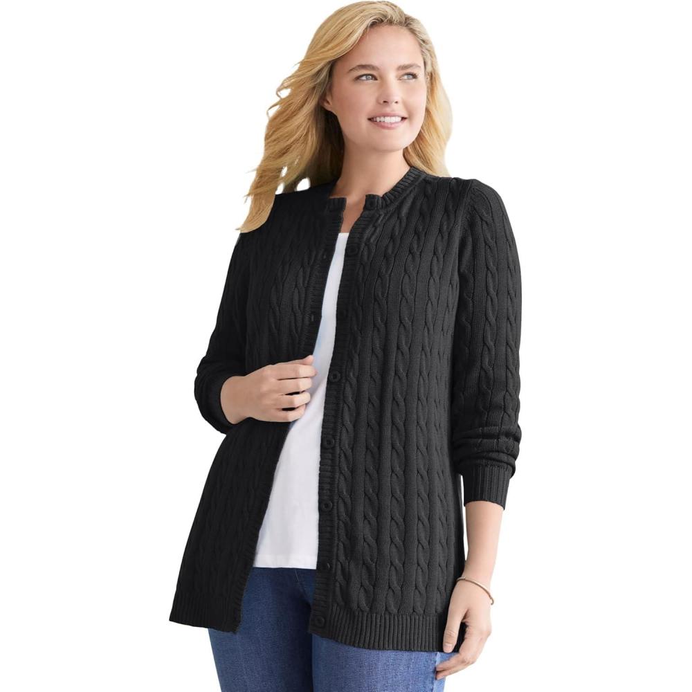 image:imageWoman Within Plus Size Cotton Cable Knit Cardigan SweaterBlack
