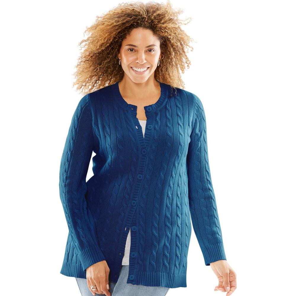 image:imageWoman Within Plus Size Cotton Cable Knit Cardigan SweaterEvening Blue