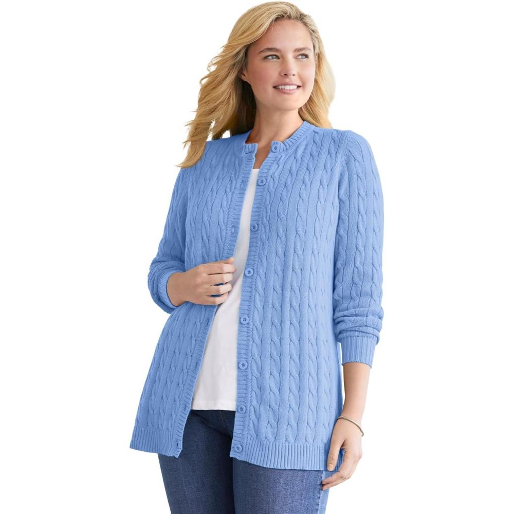 image:imageWoman Within Plus Size Cotton Cable Knit Cardigan SweaterFrench Blue
