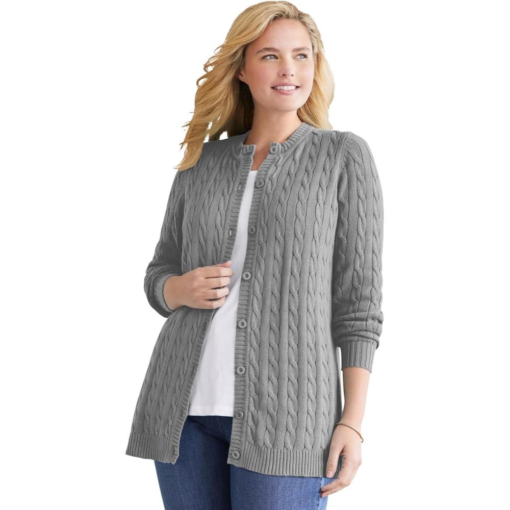 image:imageWoman Within Plus Size Cotton Cable Knit Cardigan SweaterMedium Heather Grey
