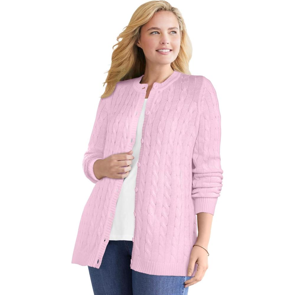 image:imageWoman Within Plus Size Cotton Cable Knit Cardigan SweaterPink