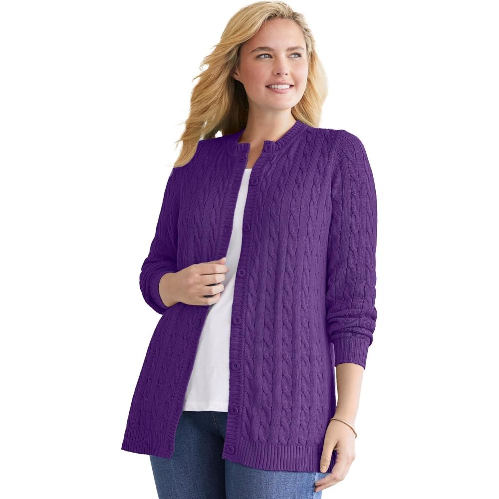 image:imageWoman Within Plus Size Cotton Cable Knit Cardigan SweaterRadiant Purple