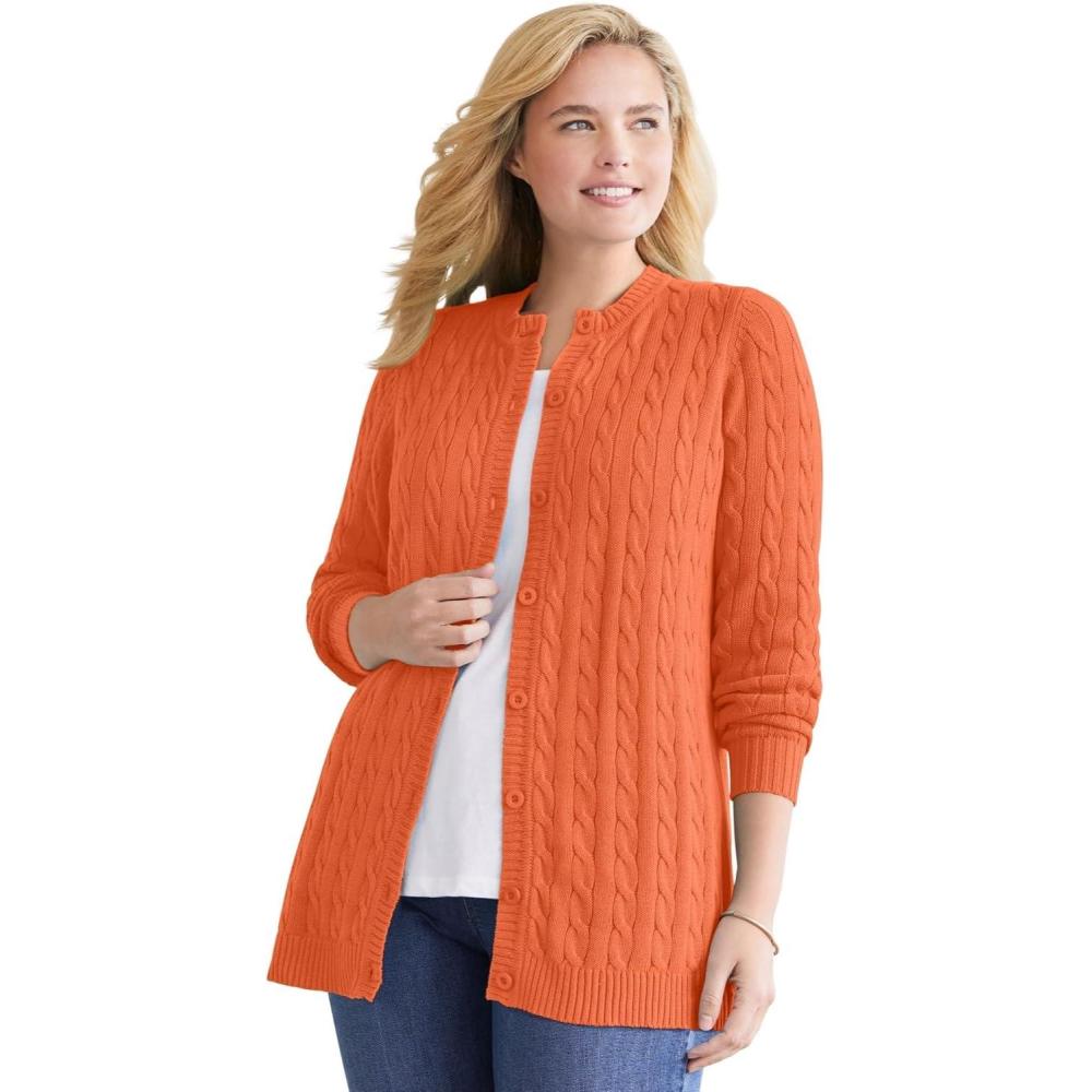 image:imageWoman Within Plus Size Cotton Cable Knit Cardigan SweaterVibrant Papaya
