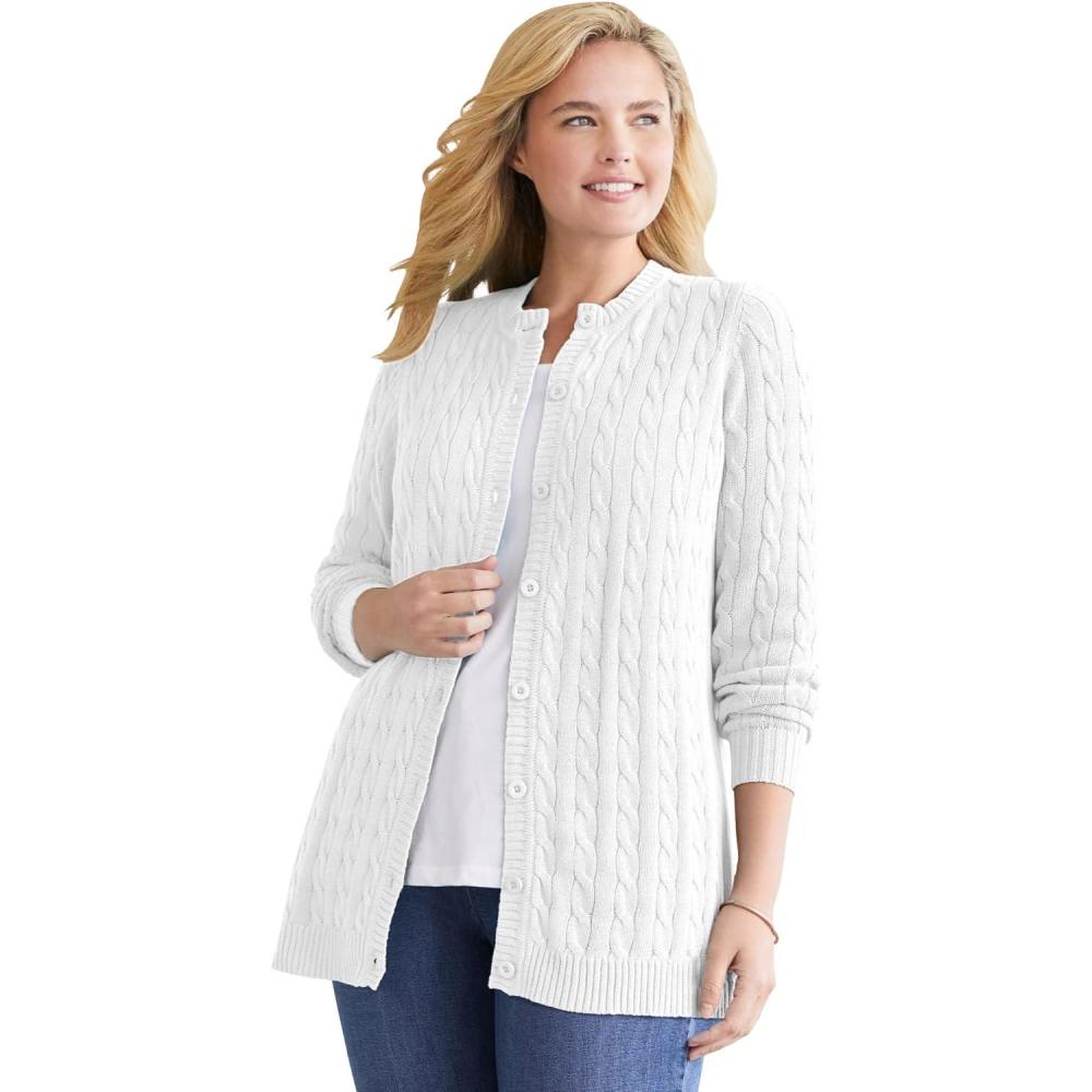 image:imageWoman Within Plus Size Cotton Cable Knit Cardigan SweaterWhite