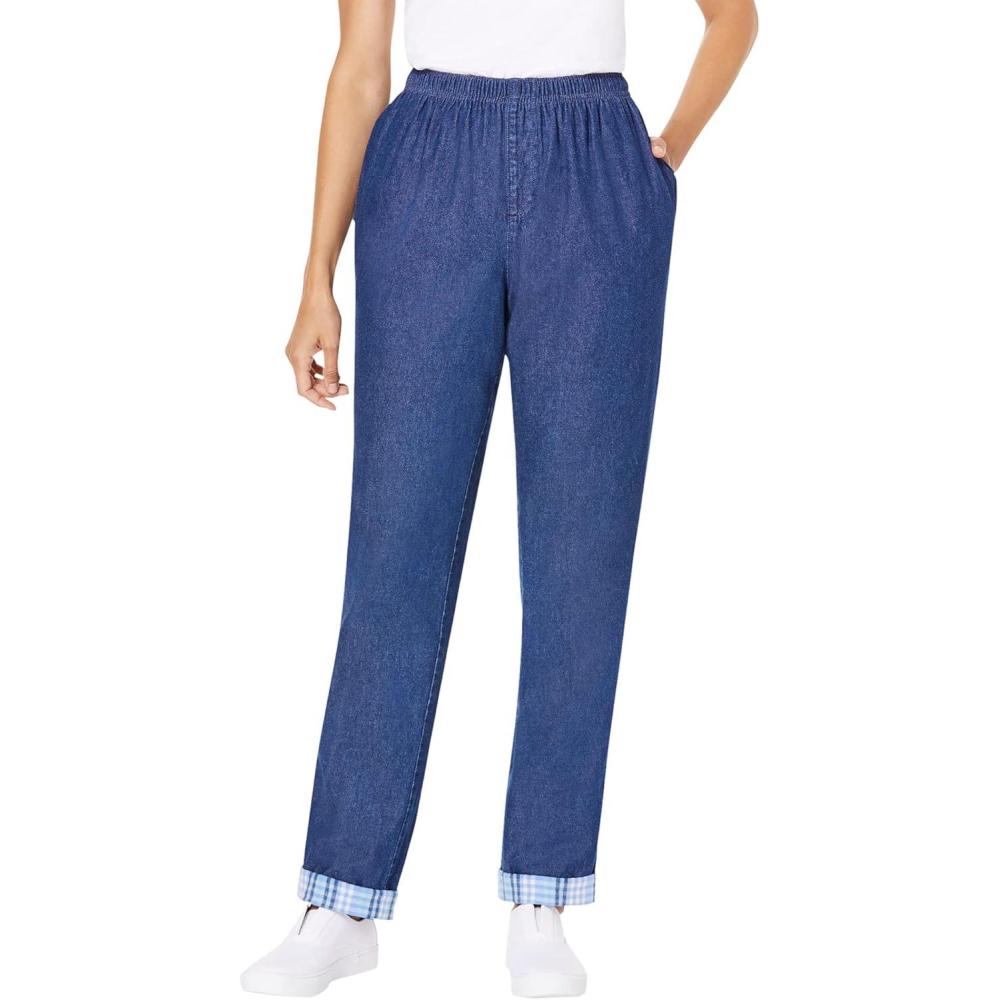image:imageWoman Within Plus Size ElasticWaist Cotton Straight Leg Denim Pant with Flannel LiningMedium Stonewash