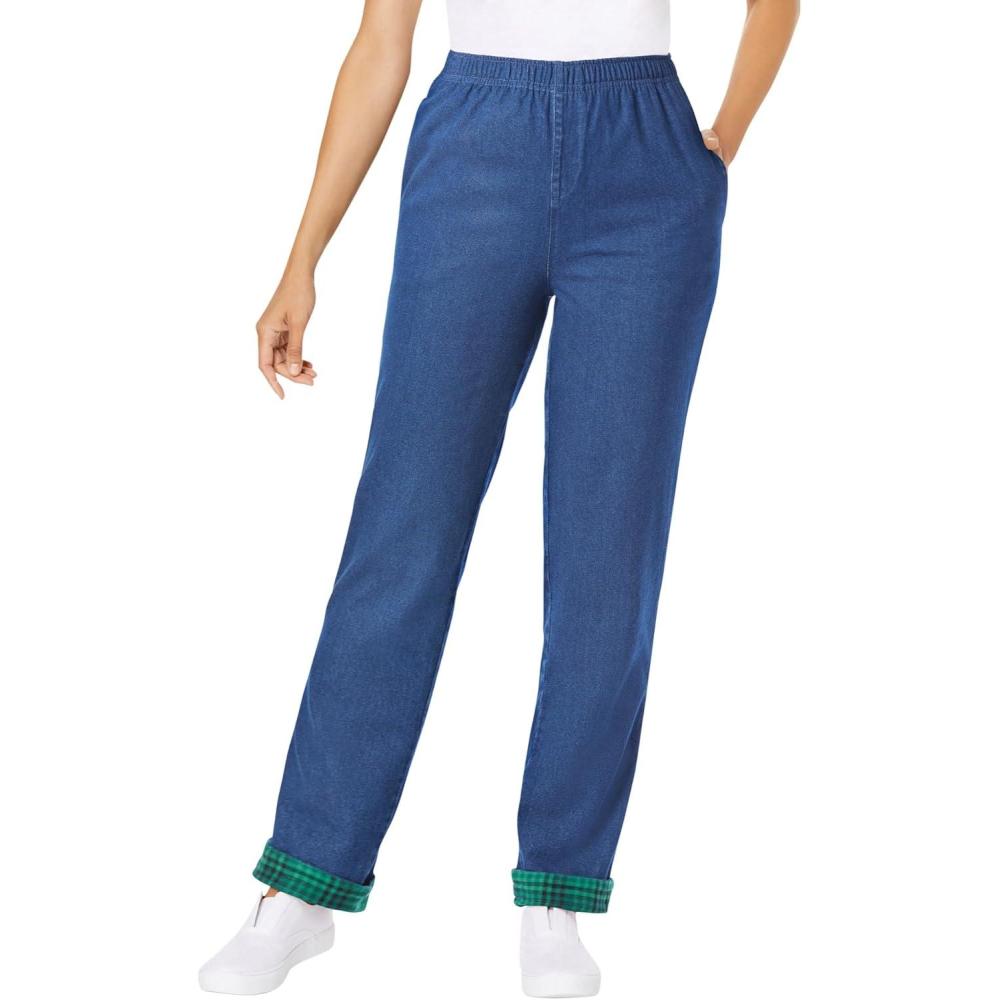 image:imageWoman Within Plus Size ElasticWaist Cotton Straight Leg Denim Pant with Flannel LiningMedium Stonewash Green