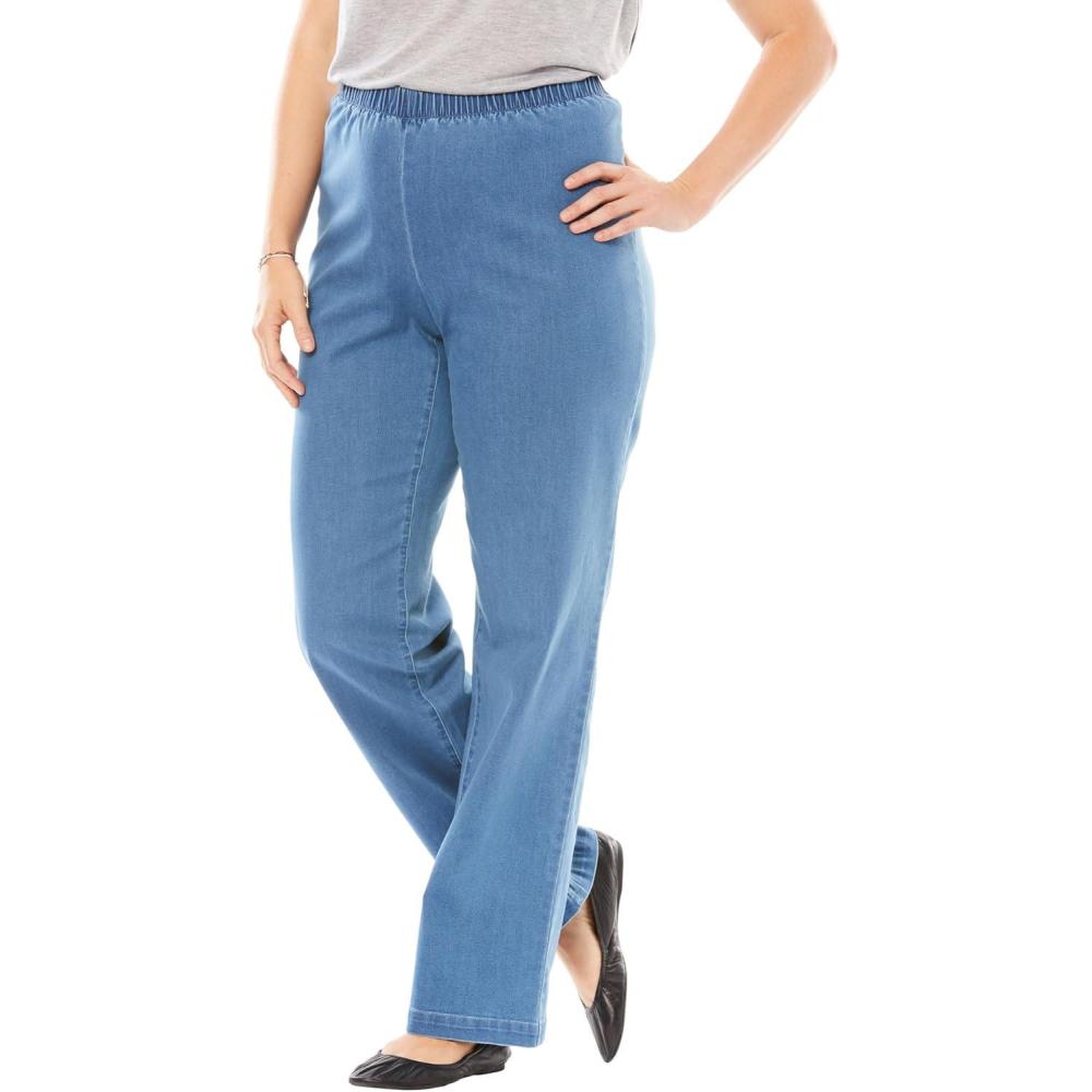 image:imageWoman Within Plus Size Fineline Stretch Denim WideLeg PullOn JeansLight Stonewash