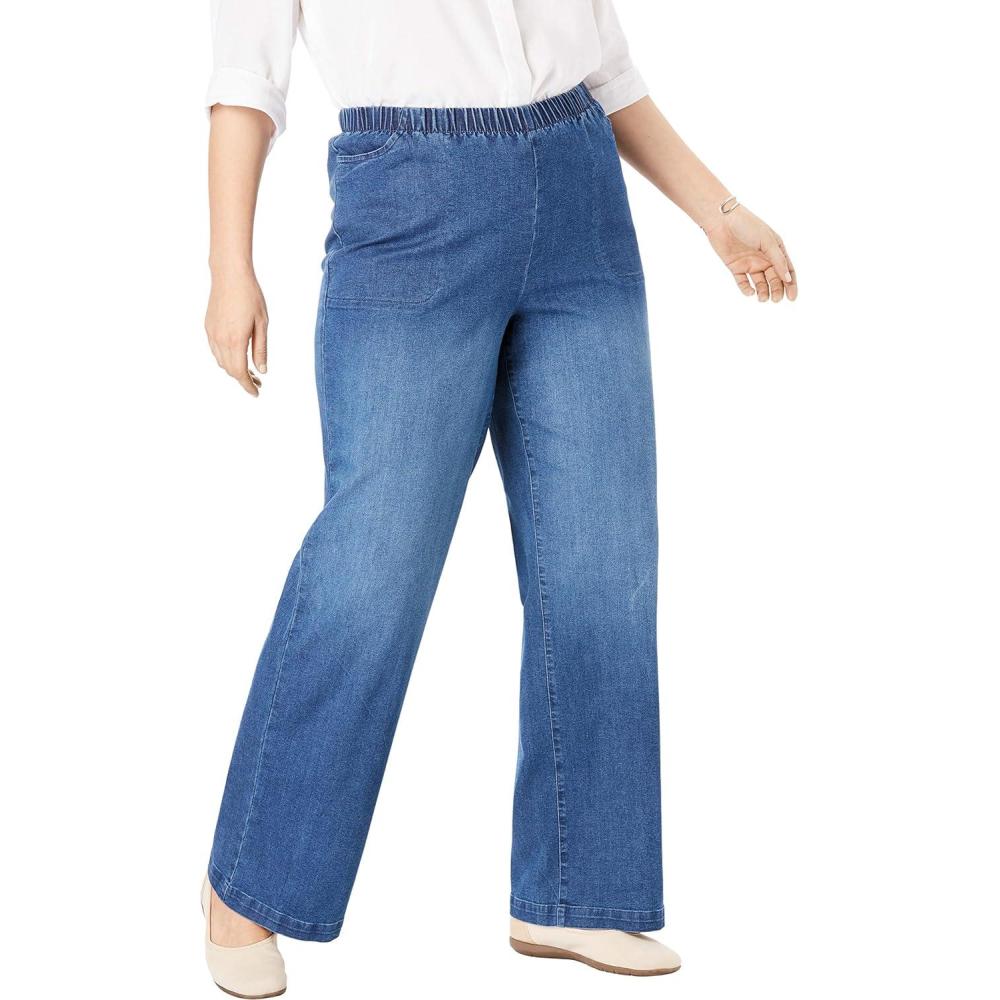 image:imageWoman Within Plus Size Fineline Stretch Denim WideLeg PullOn JeansStonewash Sanded